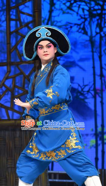 Hun Qian Zhu Ji Xiang Chinese Guangdong Opera Martial Man Apparels Costumes and Headpieces Traditional Cantonese Opera Wusheng Garment Swordsman Blue Clothing