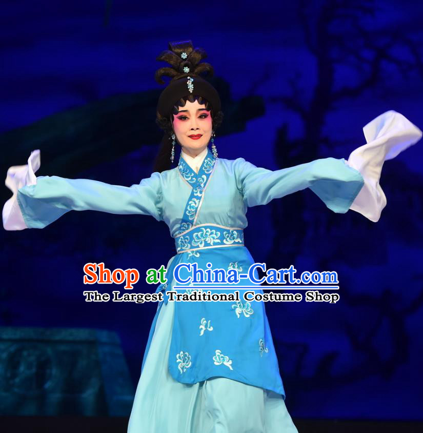 Chinese Cantonese Opera Diva Garment Hun Qian Zhu Ji Xiang Costumes and Headdress Traditional Guangdong Opera Hua Tan Apparels Imperial Concubine Hu Blue Dress