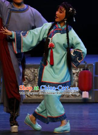 Chinese Cantonese Opera Xiaodan Cui Ping Garment Barwo Guild Costumes and Headdress Traditional Guangdong Opera Young Lady Apparels Maidservant Green Dress
