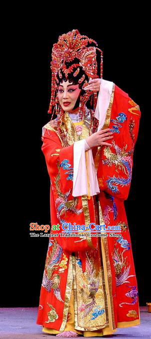 Chinese Cantonese Opera Hua Tan Garment Diao Man Gong Zhu Gan Fu Ma Costumes and Headdress Traditional Guangdong Opera Princess Fengxia Apparels Actress Red Dress