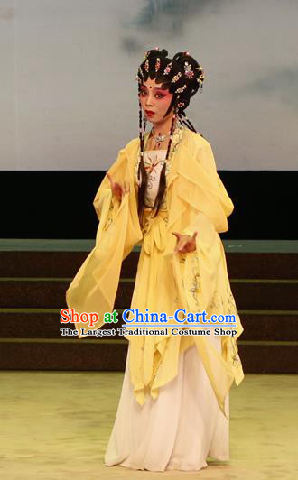 Chinese Cantonese Opera Goddess Ling Zhi Garment The Lotus Lantern Costumes and Headdress Traditional Guangdong Opera Xiaodan Apparels Maidservant Yellow Dress