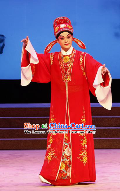 The Lotus Lantern Chinese Guangdong Opera Young Male Apparels Costumes and Headpieces Traditional Cantonese Opera Scholar Liu Yanchang Garment Niche Red Clothing