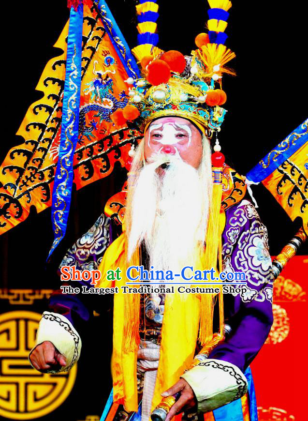 Qi Xing Temple Chinese Sichuan Opera Elderly Male Apparels Costumes and Headpieces Peking Opera Highlights Old Man Garment Clothing with Flags