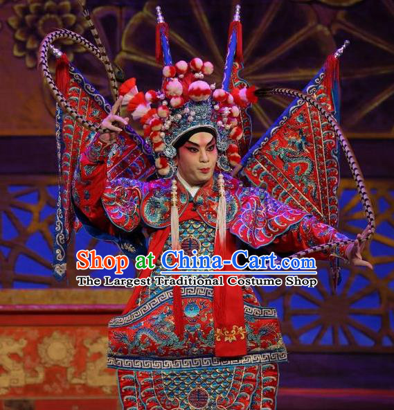 Chinese Guangdong Opera General Cai Xiongfeng Apparels Costumes and Headpieces Traditional Cantonese Opera Kao Garment Armor Clothing with Flags