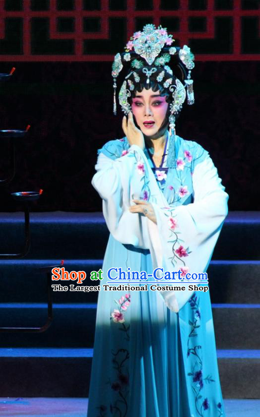 Chinese Cantonese Opera Young Female Garment Legend of Er Lang Costumes and Headdress Traditional Guangdong Opera Diva Mi Er Apparels Hua Tan Blue Dress