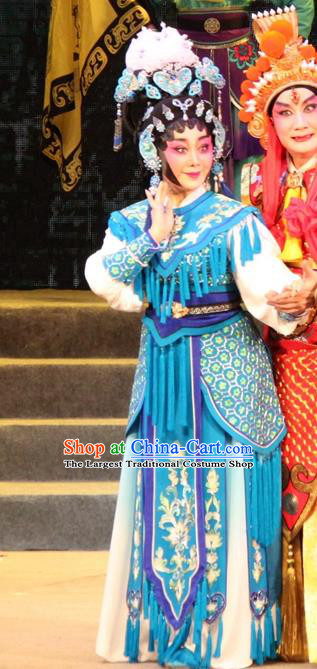 Chinese Cantonese Opera Wudan Garment Legend of Er Lang Costumes and Headdress Traditional Guangdong Opera Mi Er Apparels Martial Female Blue Dress