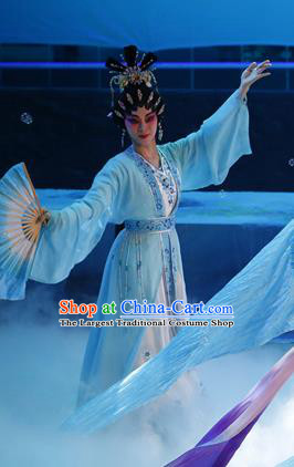 Chinese Cantonese Opera Xiaodan Garment Goddess Luo Costumes and Headdress Traditional Guangdong Opera Young Beauty Apparels Actress Blue Dress
