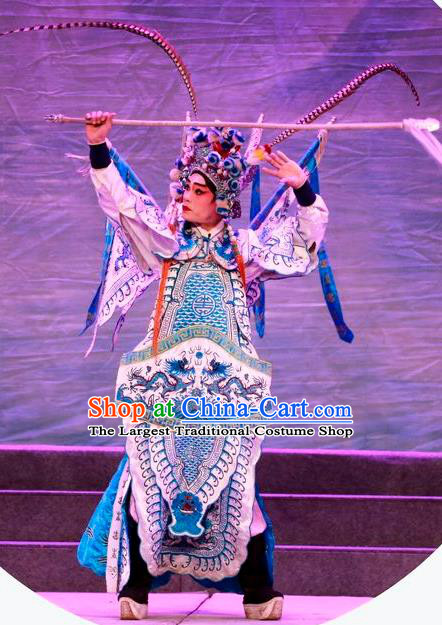 Chinese Guangdong Opera General Apparels Costumes and Headwear Traditional Cantonese Opera Military Officer Garment Kao Clothing with Flags