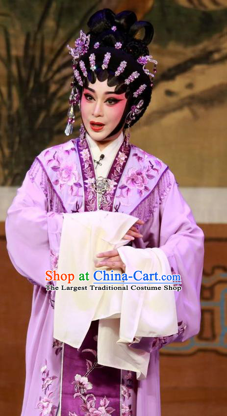 Chinese Cantonese Opera Young Woman Garment The Mad Monk by the Sea Costumes and Headdress Traditional Guangdong Opera Hua Tan Apparels Actress Ye Piaohong Purple Dress