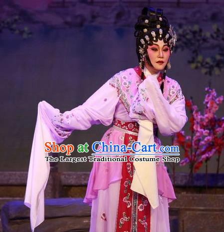 Chinese Cantonese Opera Actress Garment Costumes and Headdress Traditional Guangdong Opera Diva Lin Daiyu Apparels Distress Maiden Pink Dress