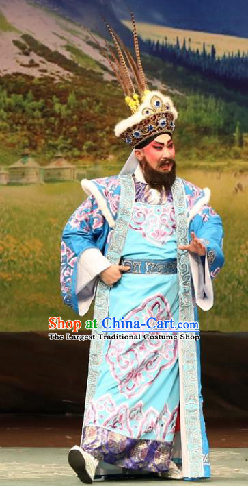 Princess Zhaojun Chinese Guangdong Opera Duke Apparels Costumes and Headwear Traditional Cantonese Opera Lord Garment Xiongnu King Blue Clothing