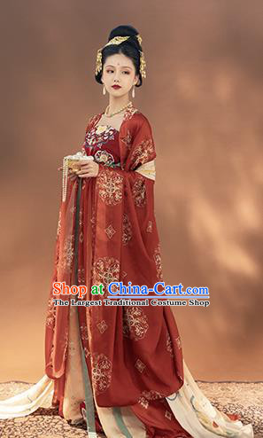 Chinese Traditional Tang Dynasty Court Woman Historical Costumes Ancient Imperial Consort Red Hanfu Dress Apparels Complete Set