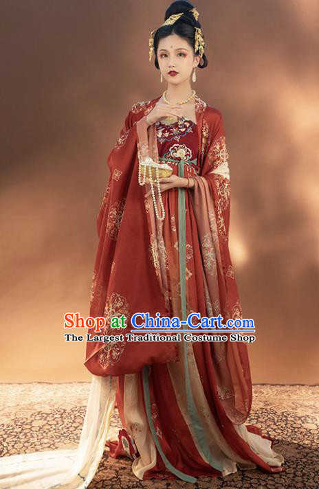 Chinese Traditional Tang Dynasty Court Woman Historical Costumes Ancient Imperial Consort Red Hanfu Dress Apparels Complete Set
