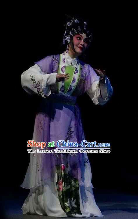 Chinese Cantonese Opera Hua Tan Garment Zi Yun Costumes and Headdress Traditional Guangdong Opera Country Woman Apparels Young Female Purple Dress