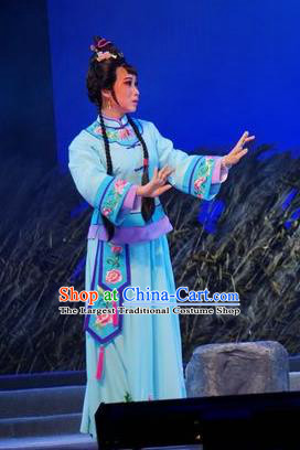 Chinese Cantonese Opera Village Girl Garment Zhuang Yuan Lin Zhaotang Costumes and Headdress Traditional Guangdong Opera Xiaodan Apparels Young Lady Blue Dress