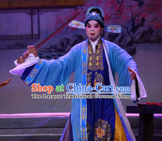 Escape from Banishment Chinese Guangdong Opera Childe Li Weile Apparels Costumes and Headwear Traditional Cantonese Opera Xiaosheng Garment Scholar Blue Clothing
