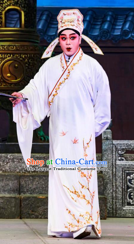 San Xiao Yin Yuan Chinese Guangdong Opera Xiaosheng Apparels Costumes and Headwear Traditional Cantonese Opera Gifted Youth Garment Scholar Tang Bohu Clothing