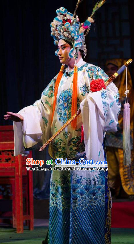 Chinese Guangdong Opera Martial Male Apparels Costumes and Headwear Traditional Cantonese Opera Wusheng Garment Du Yuanlong Clothing