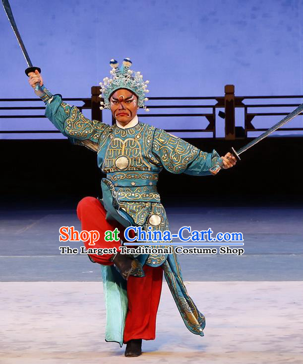 Liu Jinding Chinese Guangdong Opera Martial Male Apparels Costumes and Headwear Traditional Cantonese Opera Wusheng Garment Warrior Blue Clothing