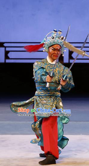 Liu Jinding Chinese Guangdong Opera Martial Male Apparels Costumes and Headwear Traditional Cantonese Opera Wusheng Garment Warrior Blue Clothing