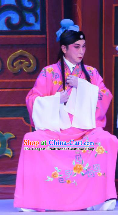 Chinese Guangdong Opera Peddler Apparels Costumes and Headwear Traditional Cantonese Opera Xiaosheng Garment Young Male Zhu Zhong Rosy Robe Clothing