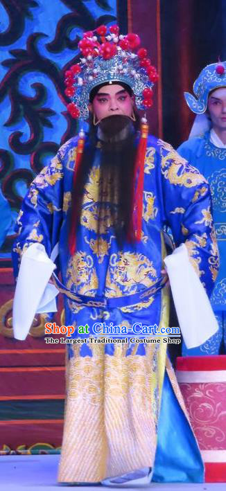 Chinese Guangdong Opera Laosheng Apparels Costumes and Headwear Traditional Cantonese Opera Elderly Male Garment Prefecture Blue Clothing