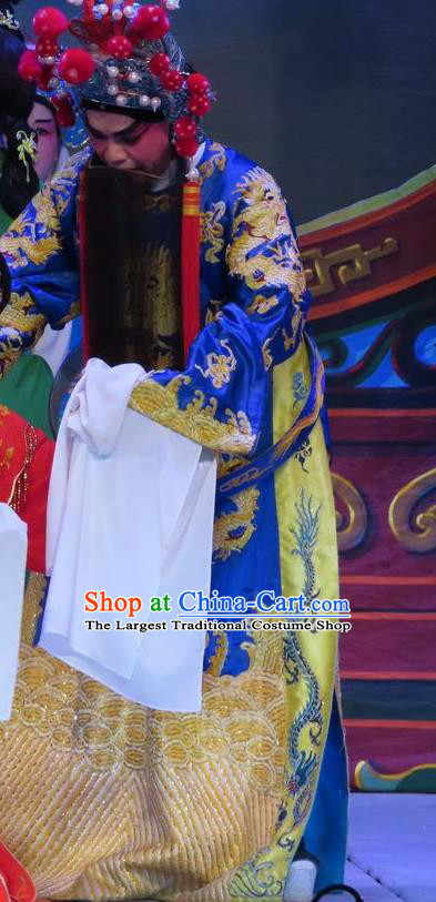 Chinese Guangdong Opera Laosheng Apparels Costumes and Headwear Traditional Cantonese Opera Elderly Male Garment Prefecture Blue Clothing