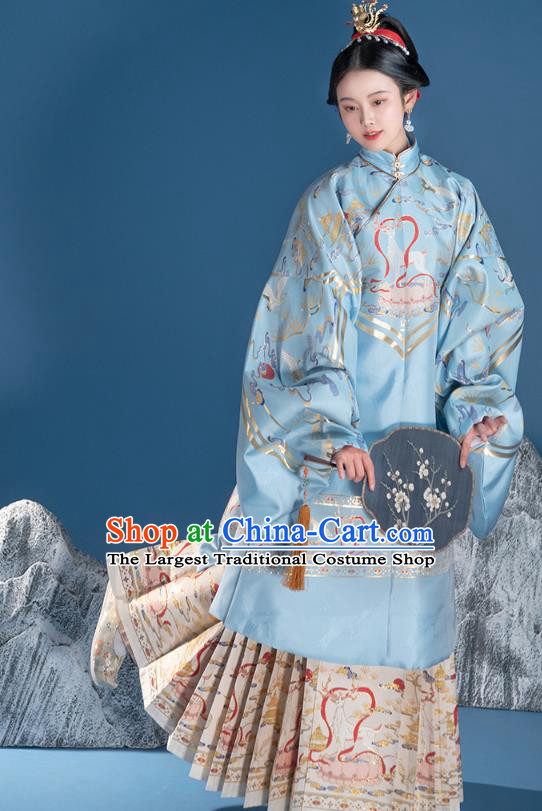 Chinese Traditional Ming Dynasty Noble Lady Embroidered Apparels Ancient Royal Princess Hanfu Dress Historical Costumes Blue Long Blouse and Skirt Complete Set