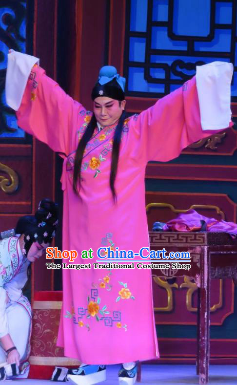 Chinese Guangdong Opera Peddler Apparels Costumes and Headwear Traditional Cantonese Opera Xiaosheng Garment Young Male Zhu Zhong Rosy Robe Clothing