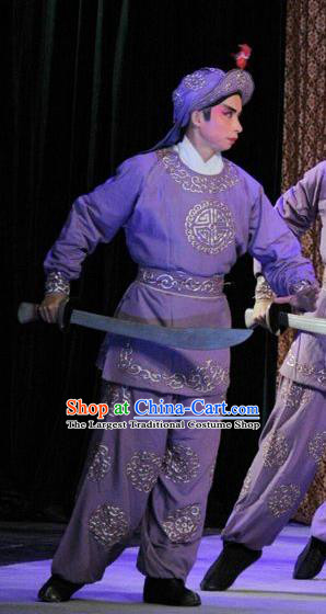 The Sword Chinese Guangdong Opera Wusheng Apparels Costumes and Headwear Traditional Cantonese Opera Soldier Garment Warrior Purple Clothing