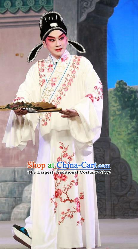 San Kan Yu Mei Chinese Guangdong Opera Scholar Apparels Costumes and Headwear Traditional Cantonese Opera Young Male Garment Childe Feng Jiajin Clothing