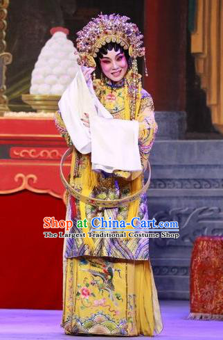 Chinese Cantonese Opera Empress Garment San Kan Yu Mei Costumes and Headdress Traditional Guangdong Opera Actress Apparels Queen Yellow Dress
