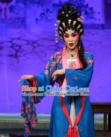 Chinese Cantonese Opera Diva Garment Qing Hua Pan Jinlian Costumes and Headdress Traditional Guangdong Opera Young Female Apparels Actress Blue Dress