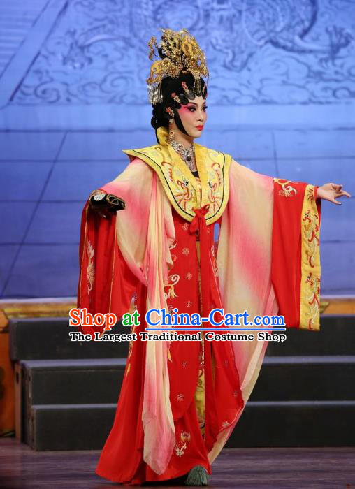 Chinese Cantonese Opera Queen Garment Li Shimin Deng Ji Costumes and Headdress Traditional Guangdong Opera Young Female Apparels Empress Red Dress