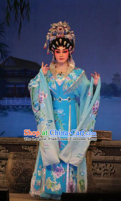 Chinese Cantonese Opera Princess Garment Costumes and Headdress Traditional Guangdong Opera Young Beauty Apparels Hua Tan Blue Dress