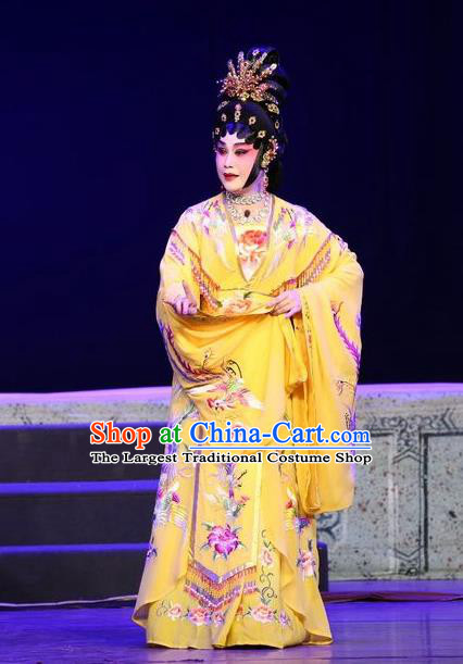 Chinese Cantonese Opera Empress Garment Li Shimin Deng Ji Costumes and Headdress Traditional Guangdong Opera Queen Apparels Hua Tan Yellow Dress