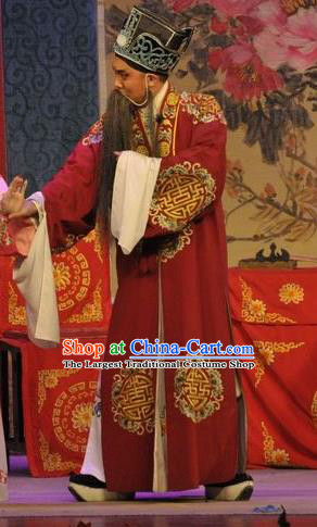 Da Nao Mei Zhi Fu Chinese Guangdong Opera Laosheng Apparels Costumes and Headwear Traditional Cantonese Opera Elderly Male Garment Landlord Lun Gongjing Red Clothing
