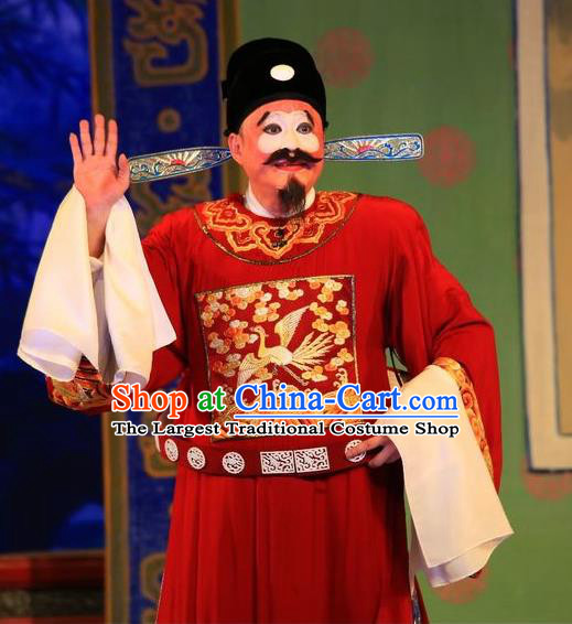 Xu Jiujing Chinese Guangdong Opera Clown Apparels Costumes and Headwear Traditional Cantonese Opera Official Garment Magistrate Red Clothing