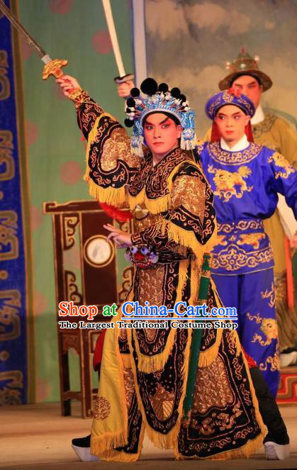 Xu Jiujing Chinese Guangdong Opera Martial Male Apparels Costumes and Headwear Traditional Cantonese Opera Wusheng Garment Soldier Clothing