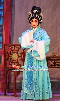 Chinese Cantonese Opera Diva Garment Unhappy Marriage Costumes and Headdress Traditional Guangdong Opera Hua Tan Apparels Actress Blue Dress