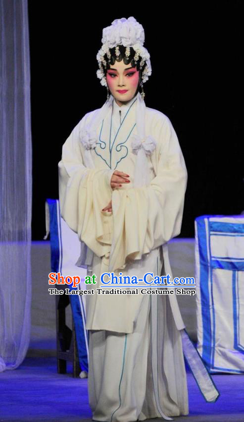 Chinese Cantonese Opera Distress Maiden Garment Fan Lihua Return Tang Costumes and Headdress Traditional Guangdong Opera Diva Apparels Actress White Dress