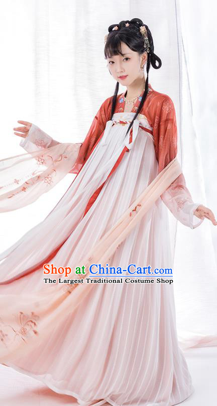 Top Chinese Traditional Tang Dynasty Noble Lady Hanfu Apparels Ancient Patrician Girl Historical Costumes Blouse and Slip Skirt Full Set