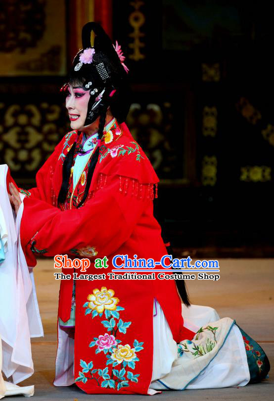 Chinese Sichuan Opera Highlights Diva Qian Suyun Garment Costumes and Headdress En Chou Ji Traditional Peking Opera Hua Tan Red Dress Actress Apparels