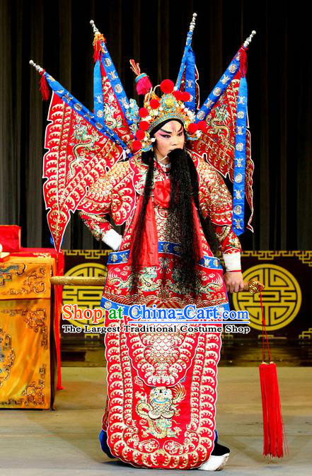 Zhan Huang Pao Chinese Sichuan Opera General Red Kao Apparels Costumes and Headpieces Peking Opera Highlights Military Officer Garment Zheng Ziming Clothing with Flags