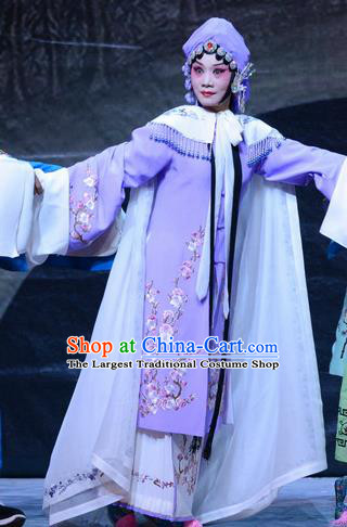 Chinese Hebei Clapper Opera Young Female Garment Costumes and Headdress Zhen Zhu Shan Traditional Bangzi Opera Hua Tan Lilac Dress Actress Apparels