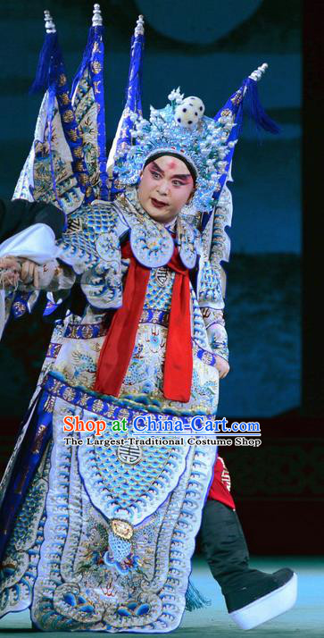 Wang Baochuan Chinese Bangzi Opera General Kao Apparels Costumes and Headpieces Traditional Hebei Clapper Opera Military Officer Garment Armor Clothing with Flags