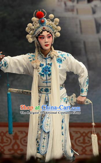 Chinese Hebei Clapper Opera Wudan Garment Costumes and Headdress Madam White Snake Traditional Bangzi Opera Martial Female Dress Bai Suzhen Apparels