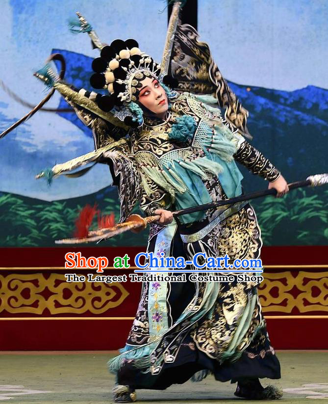 Chinese Hebei Clapper Opera Martial Female Garment Costumes and Headdress Broadsword Wang Huainv Traditional Bangzi Opera Tao Ma Tan Dress Black Kao Apparels with Flags