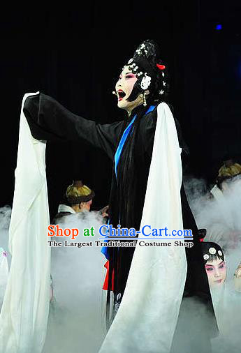 Chinese Hebei Clapper Opera Distress Woman Garment Costumes and Headdress Meng Jiangnv Traditional Bangzi Opera Actress Dress Young Female Black Apparels