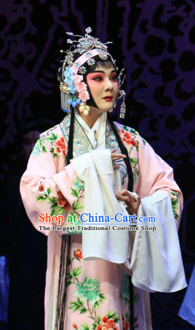 Chinese Hebei Clapper Opera Hua Tan Garment Costumes and Headdress Kou Zhun Traditional Bangzi Opera Young Female Pink Dress Actress Apparels